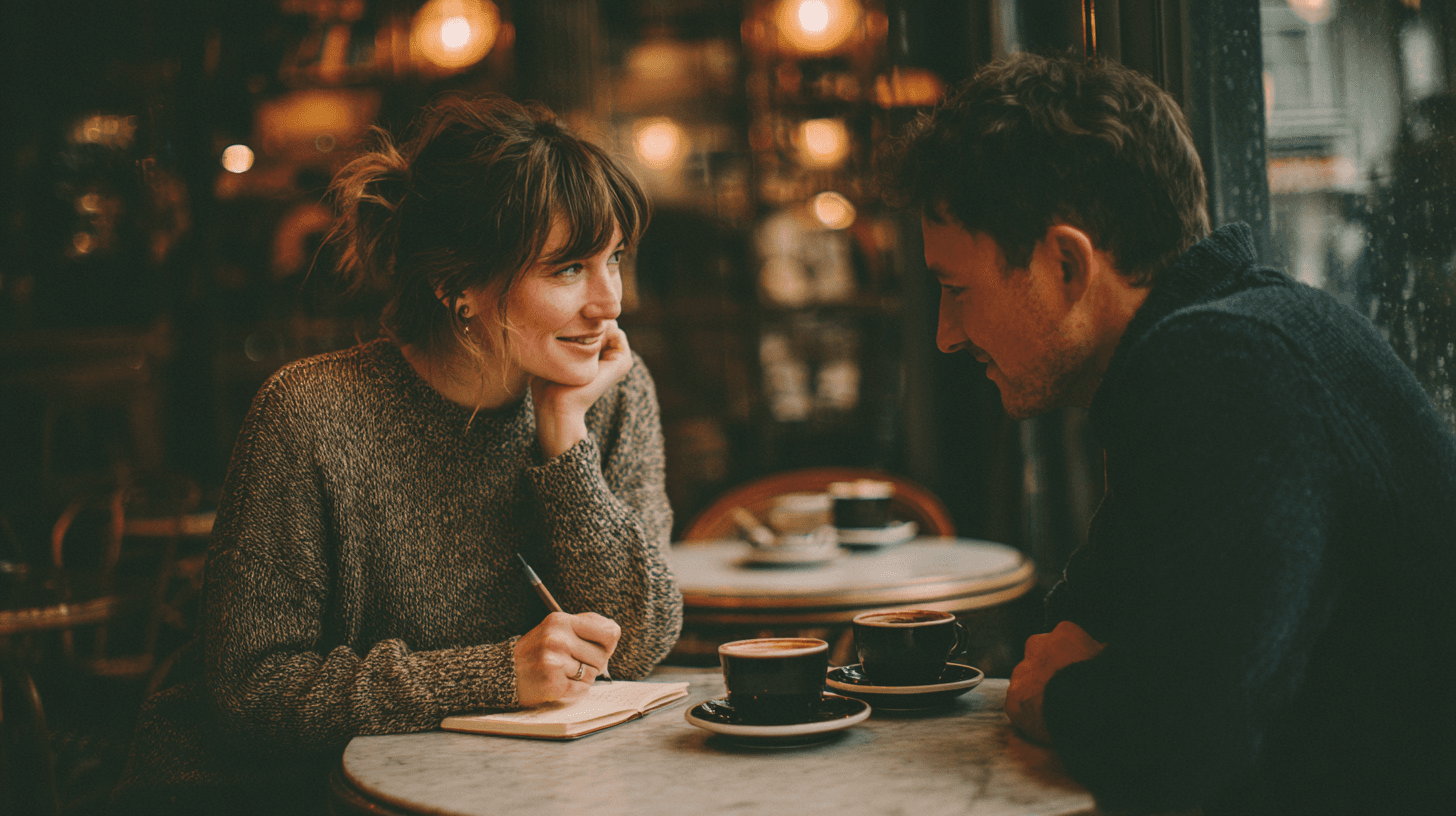 Couple working through a business decision over coffee