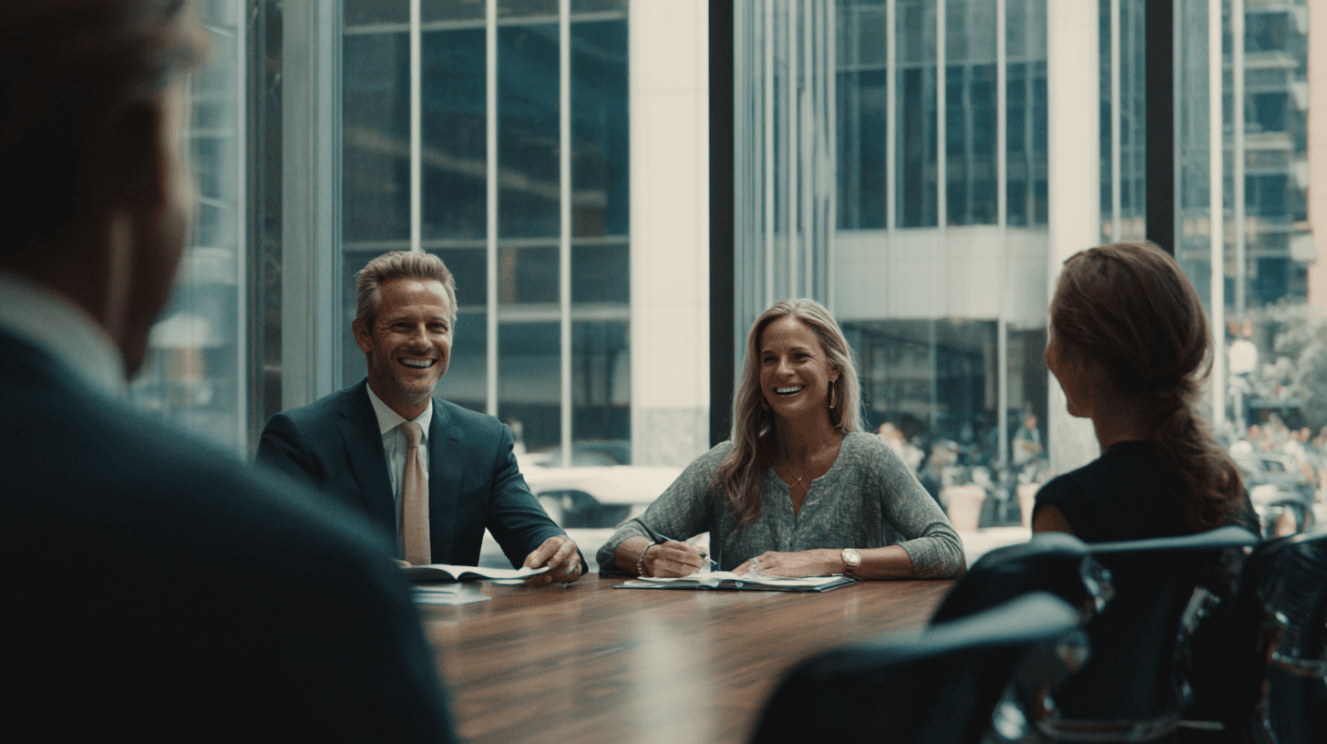 Closing table — borrower, lender, and broker around a sunlit table