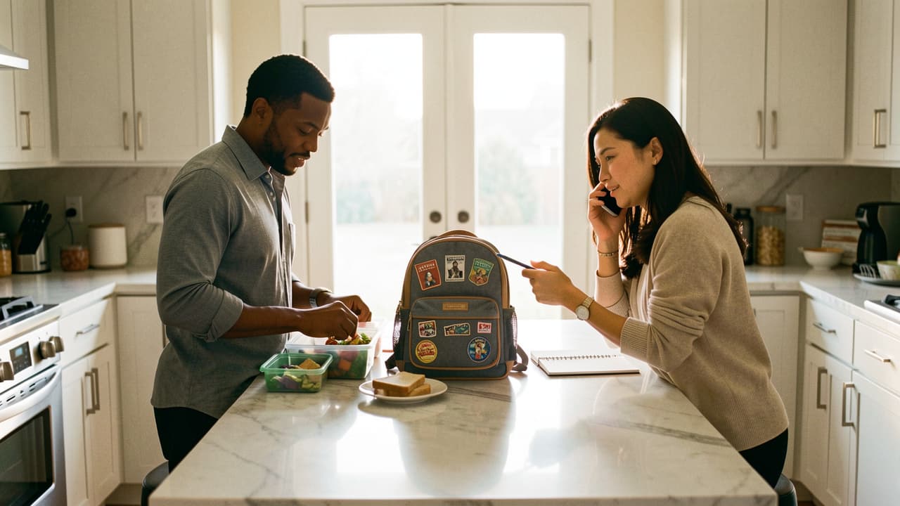 Family in their kitchen — two earners, one school-age kid