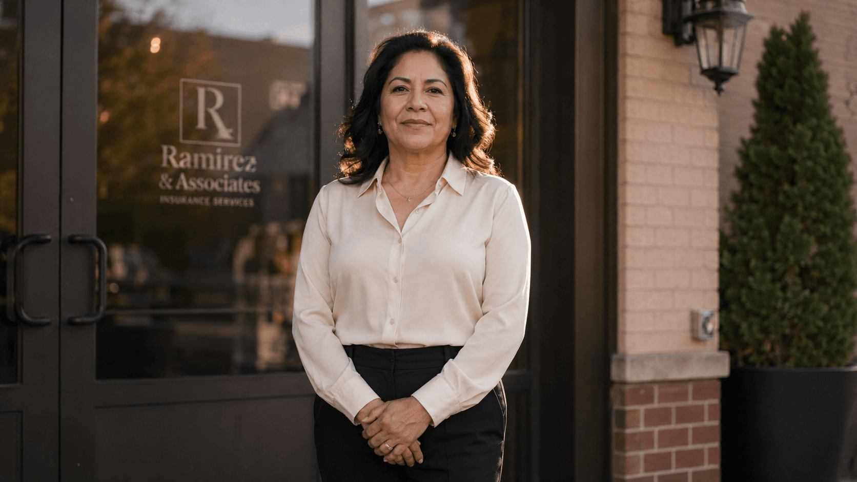 Independent insurance broker outside her storefront