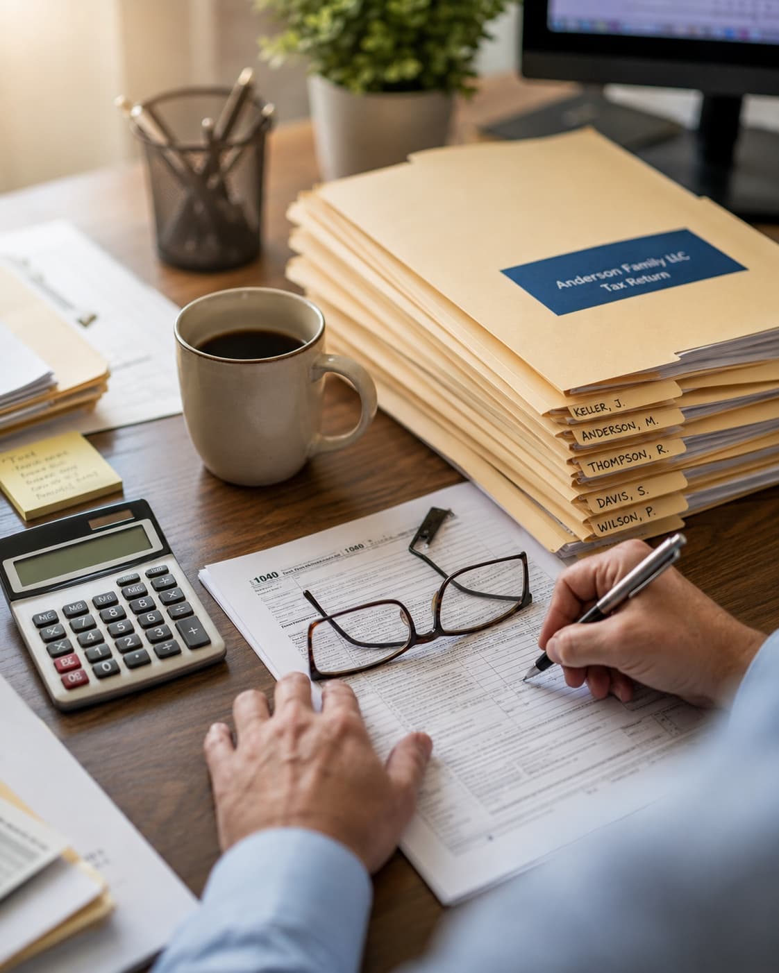 Accountant completing a client tax return at a desk stacked with client folders